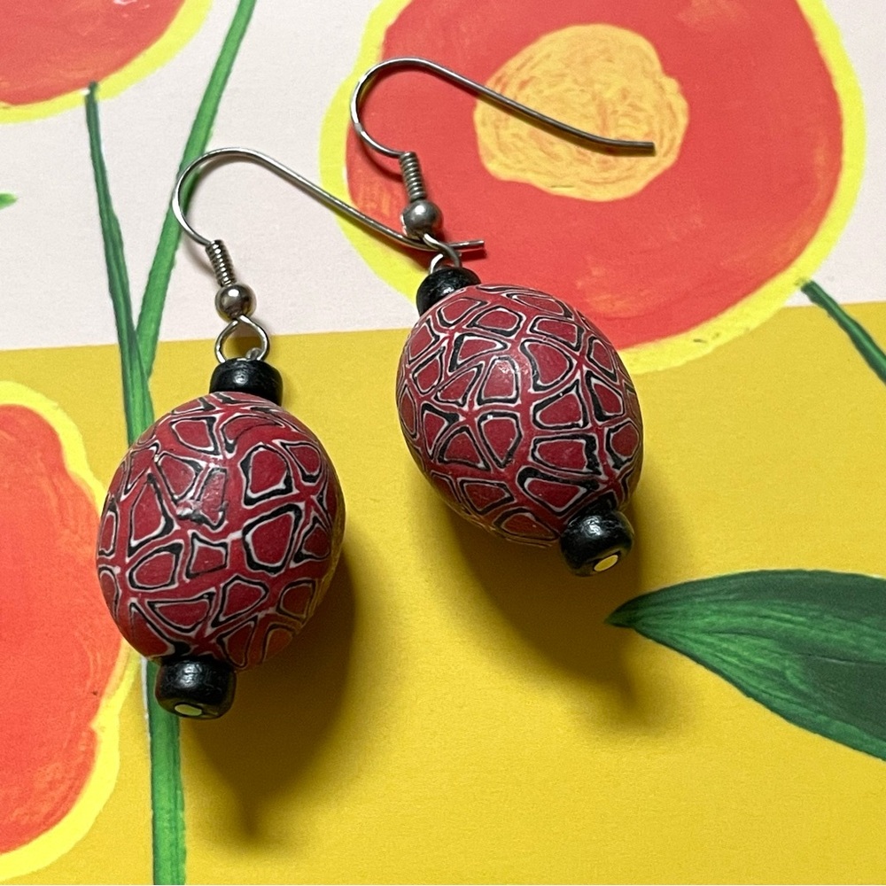 Red, black, & white bulbous (polymer?) clay drop earrings